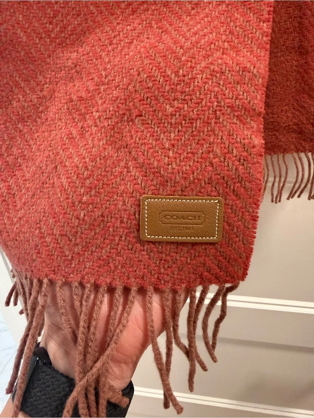 Coach Rust-Pink Herringbone Scarf with Fringe